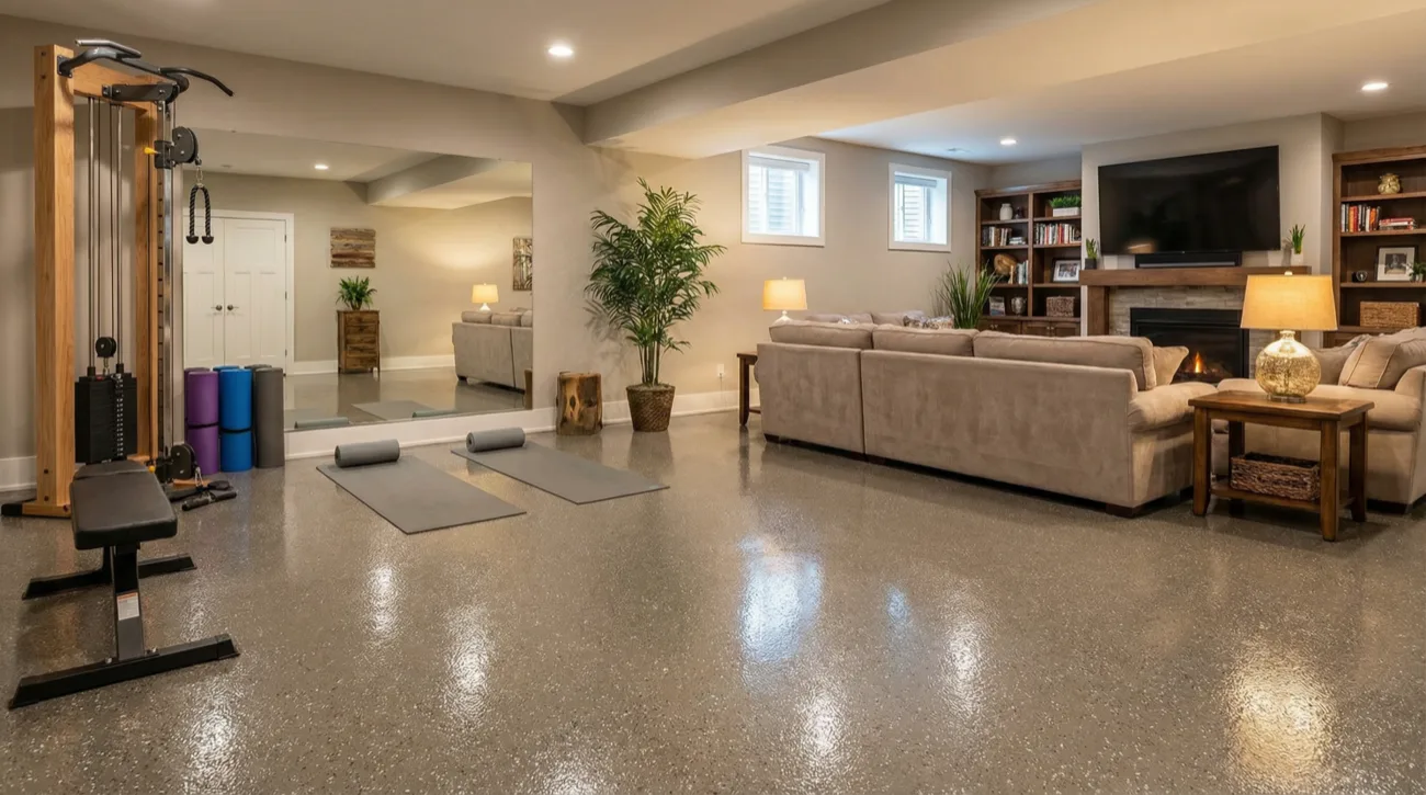 Finished basement rec room with a flake epoxy floor