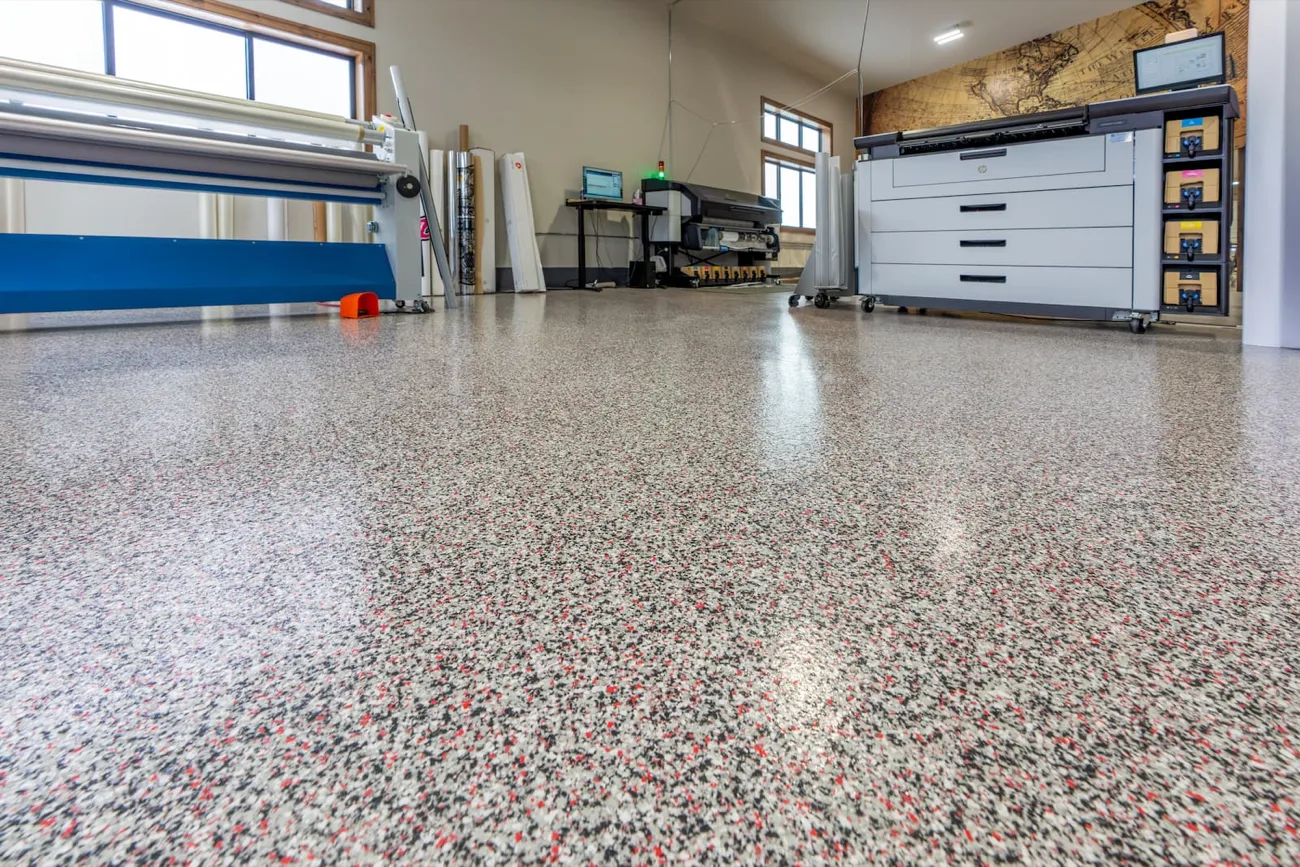 Flake epoxy floor in a commercial print shop