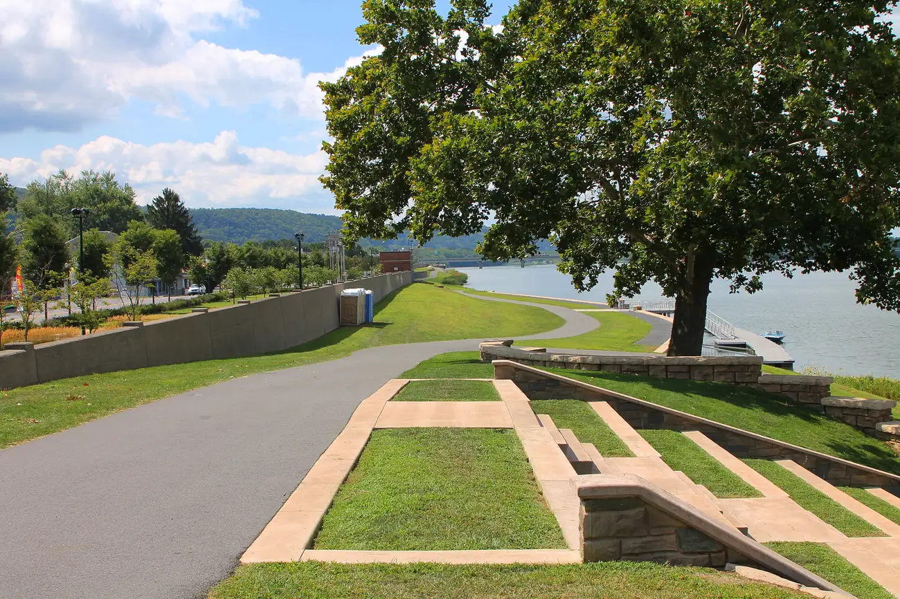Riverfront amphitheater and walking path along the Susquehanna River in Sunbury, PA
